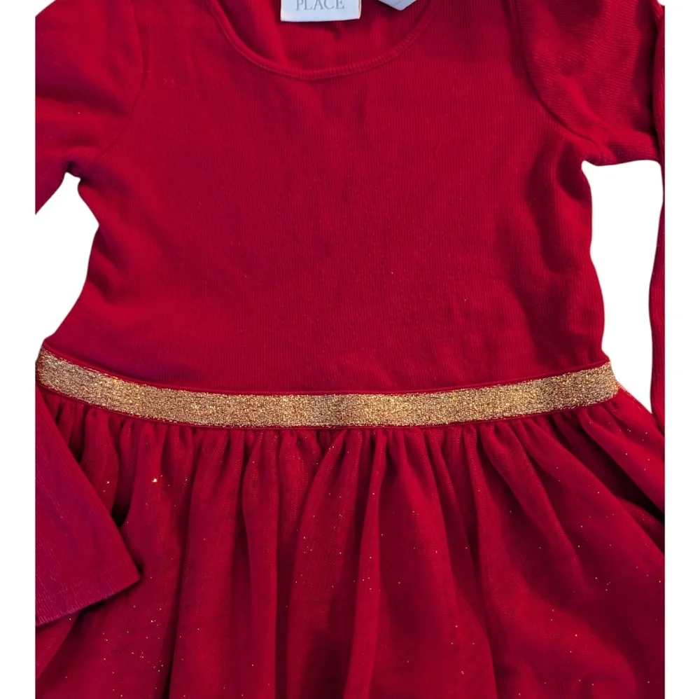 The Children's Place Red Long Sleeve Tulle Waist Dress with Gold Belt Size 5T - Picture 2 of 10